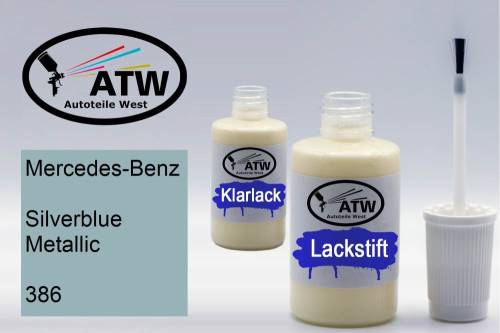 Mercedes-Benz, Silverblue Metallic, 386: 20ml Lackstift + 20ml Klarlack - Set, von ATW Autoteile West.